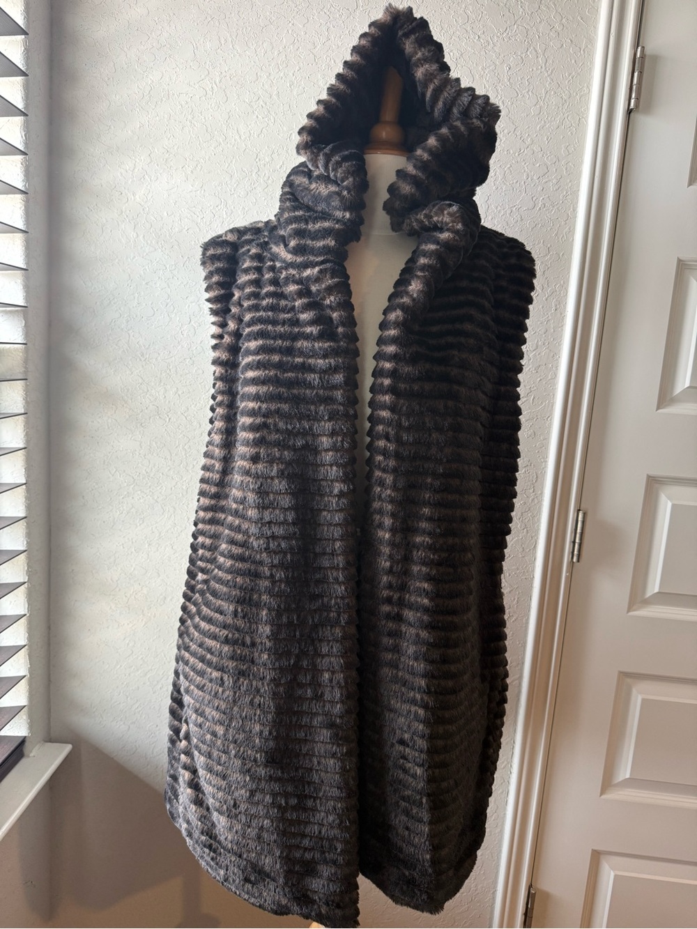 Tahari Dark Brown Ribbed Faux Fur Hooded Vest